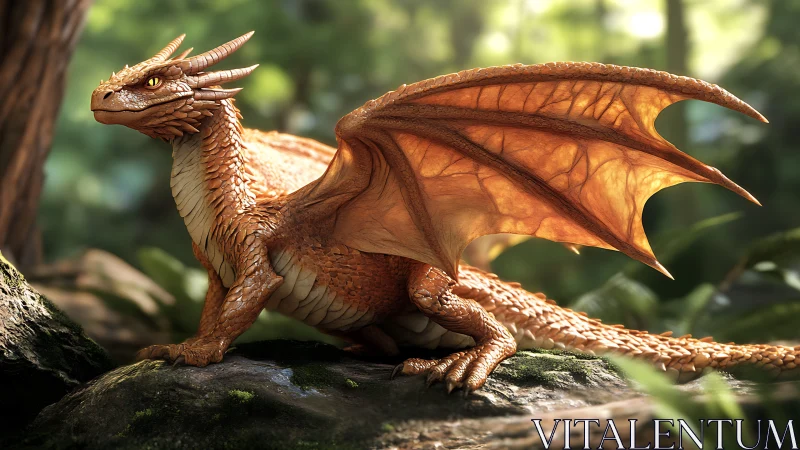 Orange-scaled dragon on forest rock in filtered daylight.