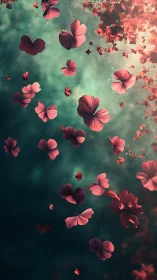 Suspended Pink Petals: Atmospheric Floral Composition with Gradient Sky