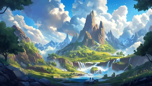 Mountain landscape with waterfalls and distant human figures