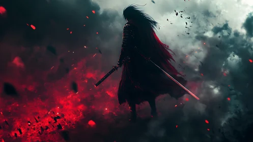 Silhouetted swordsman in red-tinged smoke and debris field.