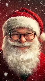 Smiling Santa Claus portrait in snowfall on red background.
