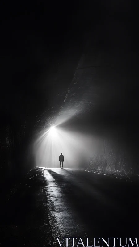 Silhouetted person walks toward bright light in dark tunnel.