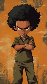 Defiant cartoon kid stands strong with arms folded boldly