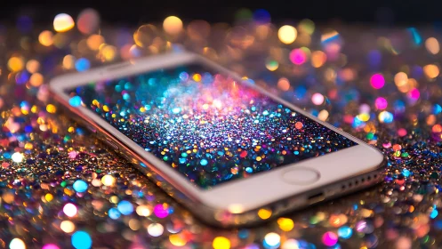 Sparkling smartphone glowing with colorful digital magic.