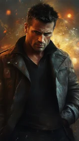 Brooding antihero in leather jacket against fiery bokeh backdrop