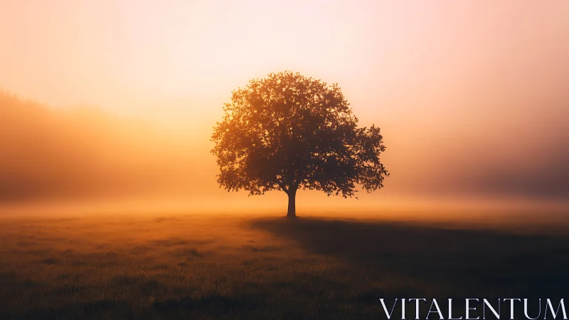 Solitary oak in volumetric dawn fog with radiant backlight.