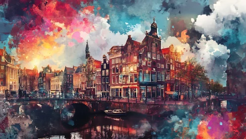 Canal houses waltz beneath a sky of spilled paint and light