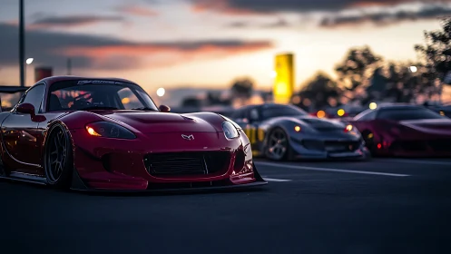 Red tuned sports car dominates sunset parking scene