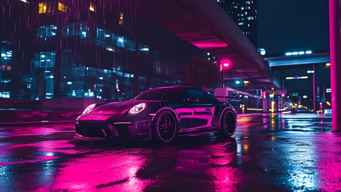 Neon-soaked sports car under midnight city downpour.