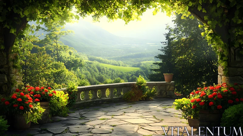 Sunlit stone terrace overlooking verdant misty valley.