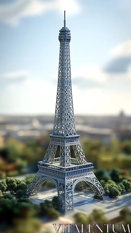 Digital Eiffel Tower render employs tilt-shift depth emphasis