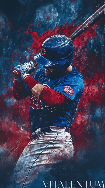 Digital painting of baseball hitter in bold red blue motion.
