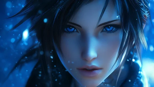 Close portrait of blue-lit digital character in snowfall