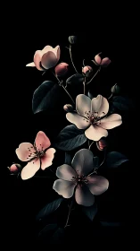 Botanical Study of Pink Flowers with Dark Foliage Against Black Background