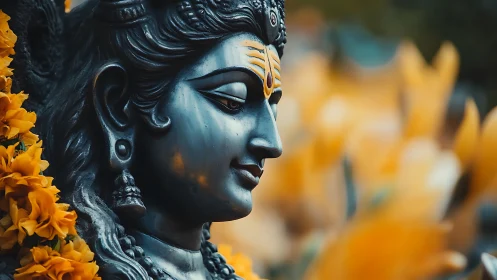 Serene stone deity statue with yellow marigold garlands.