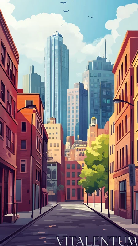 Sunlit urban street opens toward soaring city towers.