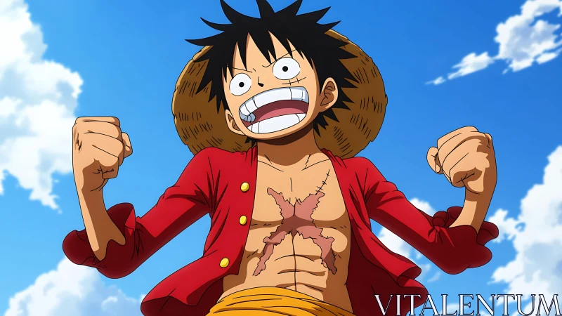 Energetic anime pirate grins boldly under a bright blue sky.