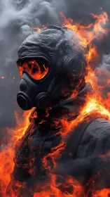 Incendiary gasmask figure engulfed by volumetric fire plume