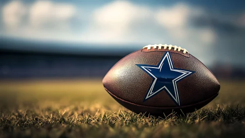 Close-up of branded football lying on outdoor field turf.