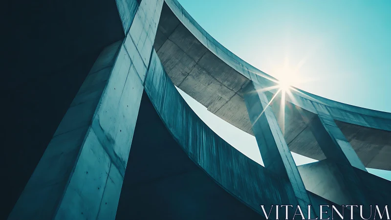 Curved concrete overpass catches hard sunlight against sky