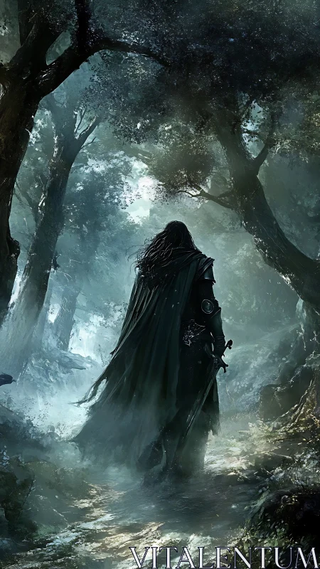 Solitary cloaked warrior walks through misty enchanted forest