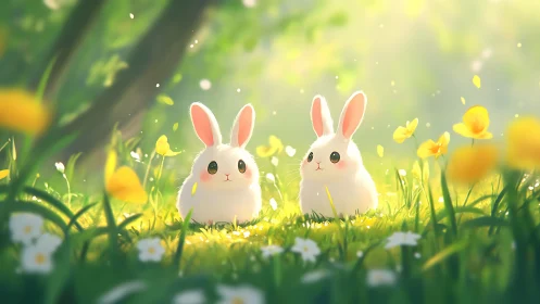 Two fluffy bunnies sharing sunny springtime magic together.