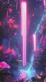 Neon light pillars cascade through bioluminescent jungle canyon