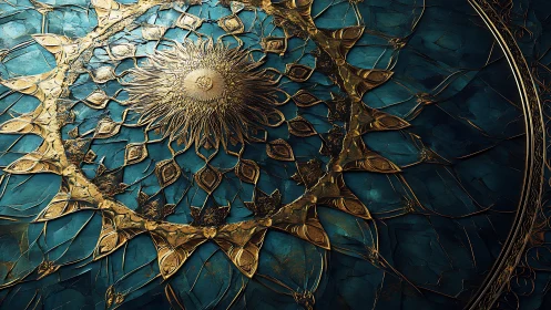 Golden sunburst mandala over deep teal cracked texture.