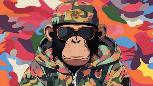 Camouflage chimp portrait with vivid abstract camo backdrop.