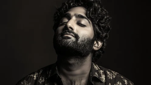 Bearded man in patterned shirt with closed eyes portrait.