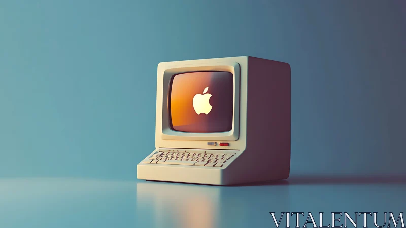 Retro beige computer displays glowing fruit logo on screen