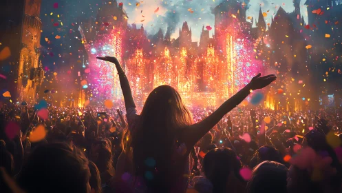 Confetti storms kiss gothic towers as one dancer conducts light