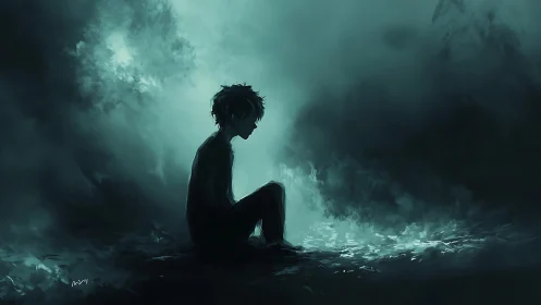 Silhouetted figure sits in foggy, teal-toned environment