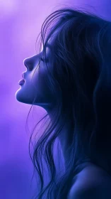 Side profile of woman lit by soft blue and purple light