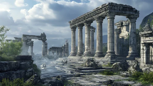 Hyperrealistic Greco-Roman temple ruins in misty mountain valley
