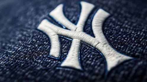 Macro closeup of raised white monogram embroidery on navy textile