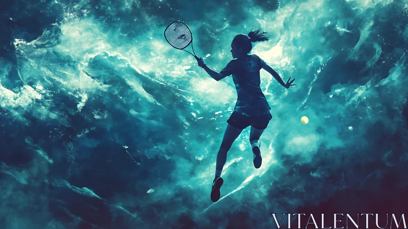 Silhouette tennis player jumps toward ball in abstract light