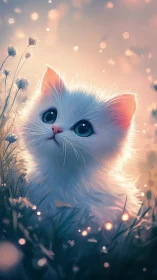 Fluffy white kitten in dreamy meadow light at dusk.