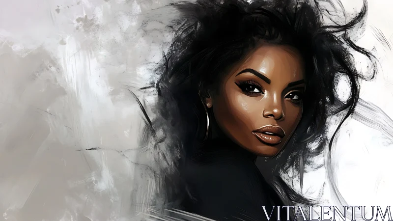 Confident woman meets swirling abstract light and shadow