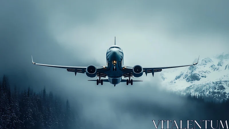Passenger jet descends through icy alpine storm sky.