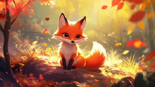Cute autumn fox rests in glowing forest light and falling leaves