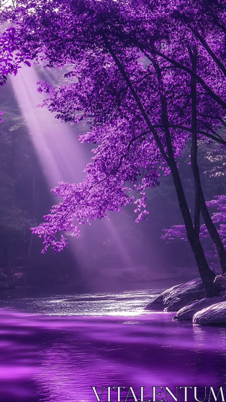 Irradiated violet riverbank with chromatic canopy and rays