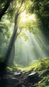 Sunlight filters through an ancient forest canopy.