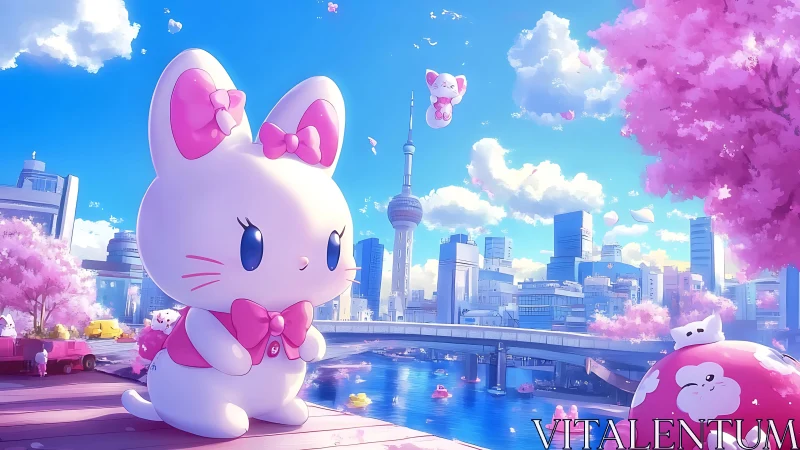 Giant pink-bowed kitty drifts through candy-blue sakura city.
