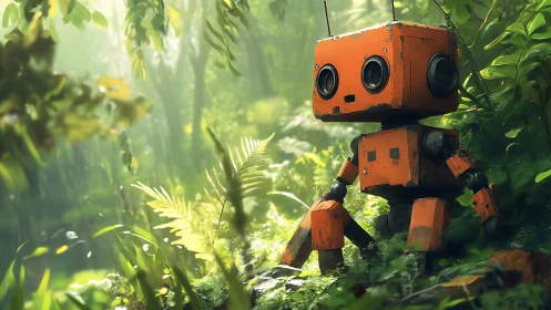 Curious orange forest robot pausing in sunlit greenery.