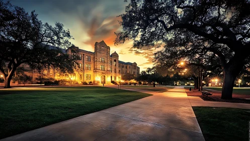 Illuminated collegiate facade along tree-lined campus walk.