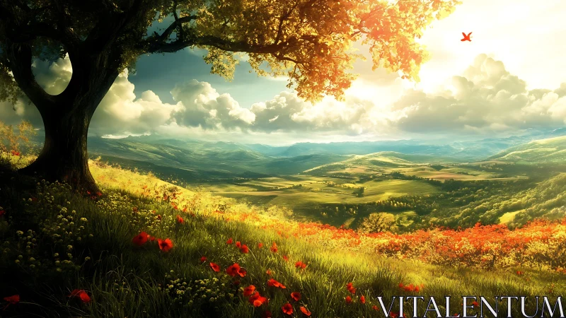 Sunlit hillside tree and distant layered valley landscape.