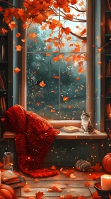 Cozy autumn reading nook glows warmly beside falling leaves