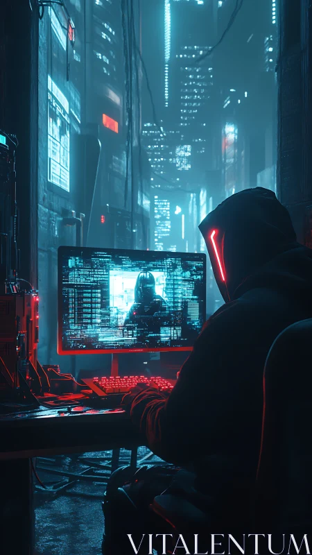 Hacker in neon alley working at glowing cyberpunk workstation.