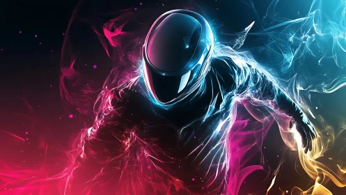 Neon sci fi runner with helmet in glowing colored smoke.